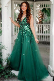 Elegant A Line Green V Neck Tulle And Sequin Prom Dresses Long Rjerdress