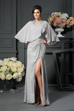 Elegant A-Line Grey One Shoulder Sleeveless Beads Slit Chiffon Mother of the Bride Dresses RJS224