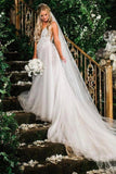 Elegant A Line Illusion Beads V Neck Tulle Long Backless Wedding Dresses Rjerdress