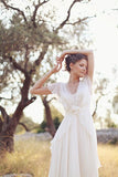 Elegant A-Line Ivory Flower Cap Sleeve V-Neck Chiffon Open Back Wedding Dresses Rjerdress
