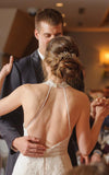 Elegant A Line Lace Appliques Deep V Neck Backless Halter Tulle Beach Wedding Dresses RJS858 Rjerdress