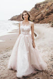 Elegant A Line Lace Scoop Tulle Beach Wedding Dresses, New Bride Dress