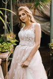 Elegant A Line Lace Scoop Tulle Beach Wedding Dresses, New Bride Dress Rjerdress