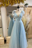 Elegant A Line Light Blue V Neck Tulle Feathers Slit Prom Dress Rjerdress