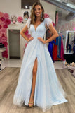 Elegant A Line Light Blue V Neck Tulle Feathers Slit Prom Dress