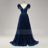 Elegant A Line Light Blue V Neck Tulle Feathers Slit Prom Dress Rjerdress