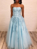 Elegant A Line Ligth Blue Tulle Long Strapless Lace Prom Dresses With with Appliques