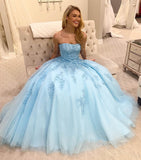 Elegant A Line Ligth Blue Tulle Long Strapless Lace Prom Dresses With with Appliques Rjerdress