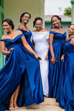 Elegant A-Line Long Off Shoulder Blue Charming Bridesmaid Dresses Bridesmaid Gowns Rjerdress