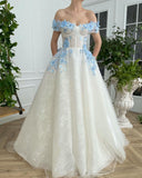 Elegant A Line Off The Shoulder Long Prom Dresses With Blue 3D Flower, Floor Length Evening Dresses Rjerdress