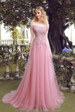 Elegant A-Line Off-the-Shoulder Lace Up Long Pink Lace Tulle Prom Dresses with Beads RJS320 Rjerdress