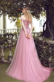 Elegant A-Line Off-the-Shoulder Lace Up Long Pink Lace Tulle Prom Dresses with Beads RJS320 Rjerdress