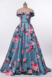 Elegant A-Line Off the Shoulder Sweetheart Lace up Satin with Flowers Prom Dresses UK RJS514 Rjerdress