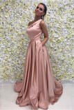 Elegant A Line One Shoulder Long Cheap Pink Prom Dresses Simple Prom Dresses with Pockets P1115 Rjerdress
