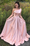 Elegant A Line One Shoulder Long Cheap Pink Prom Dresses Simple Prom Dresses with Pockets P1115 Rjerdress