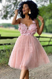 Elegant A-Line Pink Beaded Tulle Homecoming Dress with Flowers