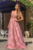 Elegant A Line Pink Lace Appliques Round Neck Straps Prom Dresses Long Formal Dress P1132 Rjerdress