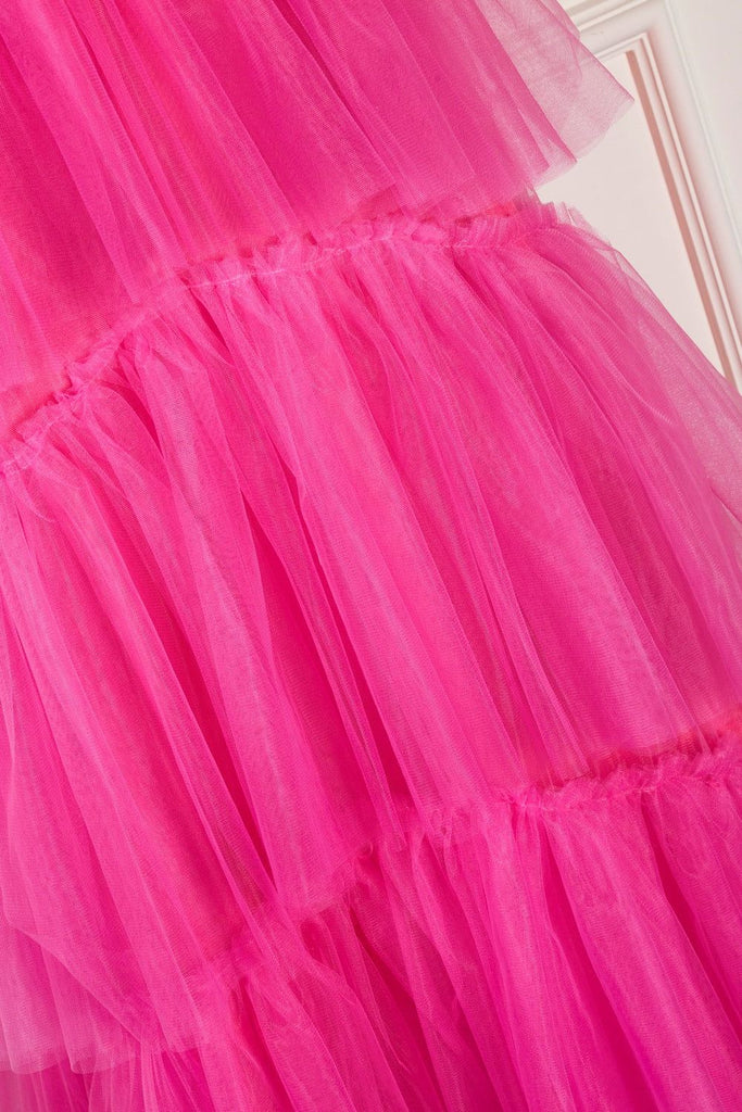 Elegant A Line Pink Spaghetti Straps Tiered Tulle Long Prom Dress ...