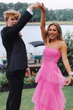 Elegant A Line Pink Spaghetti Straps Tiered Tulle Long Prom Dress