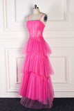 Elegant A Line Pink Spaghetti Straps Tiered Tulle Long Prom Dress Rjerdress