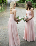 Elegant A Line Pink Spaghetti Straps V Neck Pleated Floor Length Bridesmaid Dress Rjerdress