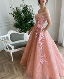 Elegant A Line Pink Tulle Off Shoulder Sweetheart 3D Flower Sleeveless Prom Evening Dresses RJS598