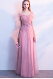 Elegant A-Line Pink Tulle Off the Shoulder Sweetheart Lace up Prom Bridesmaid Dresses RJS572
