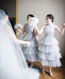 Elegant A-Line Princess High Neck Sleeveless Tulle Bridesmaid Dresses Rjerdress