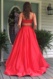 Elegant A Line Red Long Prom Dress Evening Dress with Open Back Pockets RJS361 Rjerdress