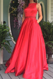 Elegant A Line Red Long Prom Dress Evening Dress with Open Back Pockets RJS361