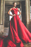 Elegant A-Line Red Simple Cheap Round Neck Cap Sleeve Backless Long Prom Dresses UK RJS488
