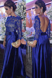 Elegant A Line Round Neck Open Back Long Sleeves Royal Blue Lace Long Prom Dresses RJS135