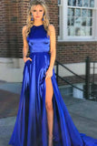 Elegant A-Line Round Neck Royal Blue Satin Open Back Prom Dresses with Split Pockets Rrjs11