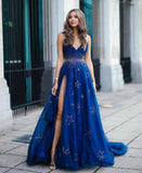 Elegant A Line Royal Blue Sleeveless V Neck Spaghetti Straps Tulle Prom Dress With Split