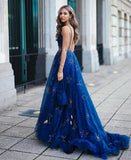 Elegant A Line Royal Blue Sleeveless V Neck Spaghetti Straps Tulle Prom Dress With Split Rjerdress