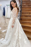 Elegant A Line See Through Long Sleeve Lace Appliques Wedding Dresses Rjerdress
