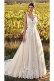Elegant A Line Sleeveless V Neck Tulle Wedding Dresses Lace Appliques Rjerdress