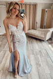 Elegant A Line Spaghetti Straps Backless Satin Prom Dresses with AppliquesRJS980