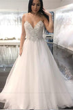 Elegant A Line Spaghetti Straps Backless V Neck Organza Wedding Dress with Beads RJS229