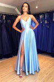 Elegant A Line Spaghetti Straps Floor-Length Light Blue V Neck Prom Dress with Split P1034 Rjerdress