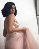 Elegant A-Line Spaghetti Straps Long Pearl Pink Appliques V Neck Backless Prom Dresses RJS687 Rjerdress