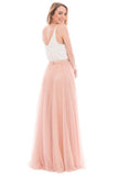 Elegant A Line Spaghetti Straps Sleeveless Pink and White Tulle Bridesmaid Dress with V Neck Rjerdress