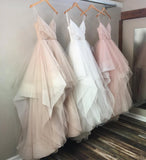 Elegant A Line Spaghetti Straps V Neck Tulle Pink Backless Long Prom Dresses RJS35 Rjerdress