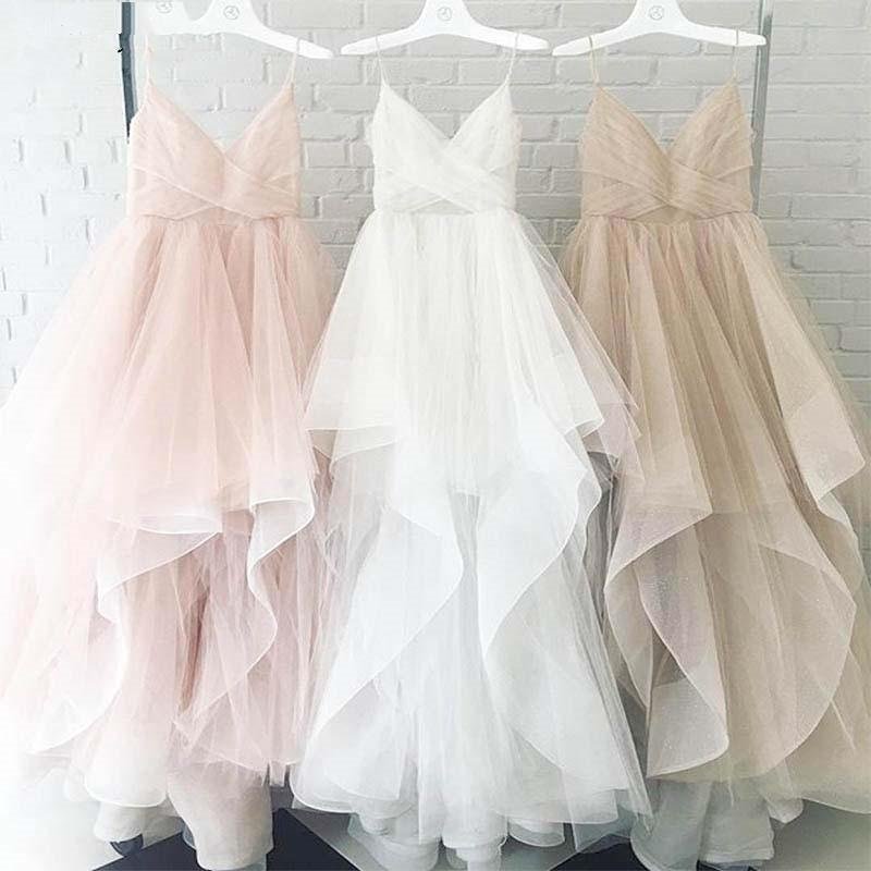 Elegant A Line Spaghetti Straps V Neck Tulle Pink Backless Long Prom Dresses RJS35 Rjerdress