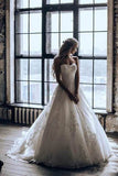 Elegant A-Line Strapless 3D Lace Chapel Train Wedding Dresses