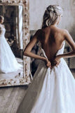 Elegant A-Line Strapless 3D Lace Chapel Train Wedding Dresses Rjerdress