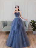 Elegant A Line Strapless Sweetheart Tulle Prom Dress, Empire Long Evening Dress Rjerdress
