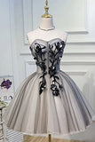 Elegant A Line Strapless Tulle Homecoming Dresses with Lace up Black Short Cocktail Dresses H1333