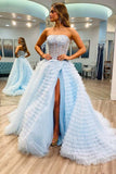 Elegant A Line Sweetheart Tulle Light Blue Tiered Prom Dress with Slit