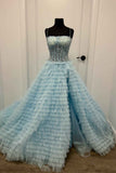 Elegant A Line Sweetheart Tulle Light Blue Tiered Prom Dress with Slit Rjerdress